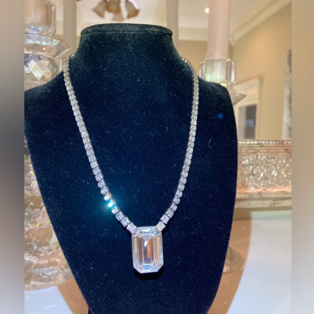 YSL Elegant Silver Necklace with Crystal Pendant/ Stunning!